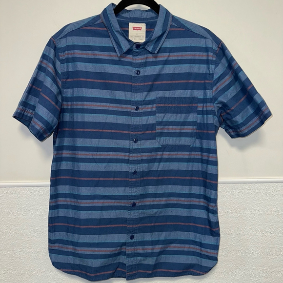 Vans Striped Button-Up Shirt Men's Size Medium Short Sleeve Blue Cotton Casual - Picture 11 of 11